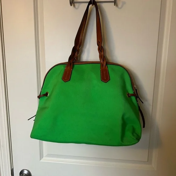 Dooney & Bourke Large Domed Satchel in bright lime green nylon and leather trim - Picture 3 of 4